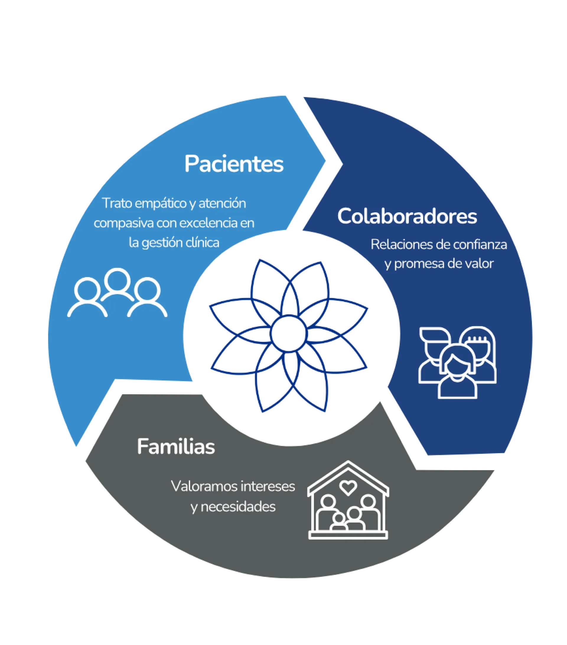 Diagrama circular: Pacientes – Trato empático y atención compasiva; Colaboradores – Relaciones de confianza y promesa de valor; Familias – Valoramos intereses y necesidades